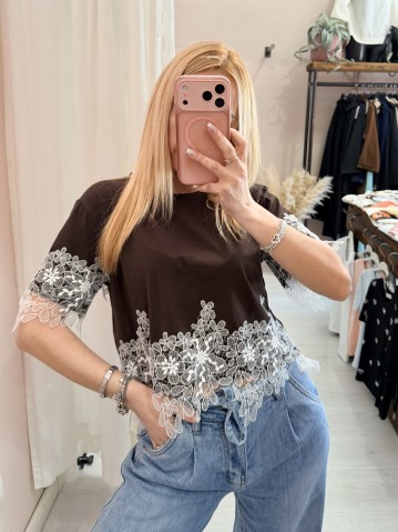 Maglia t shirt corta con pizzo marrone