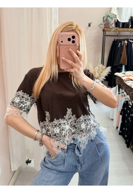 Maglia t shirt corta con pizzo marrone