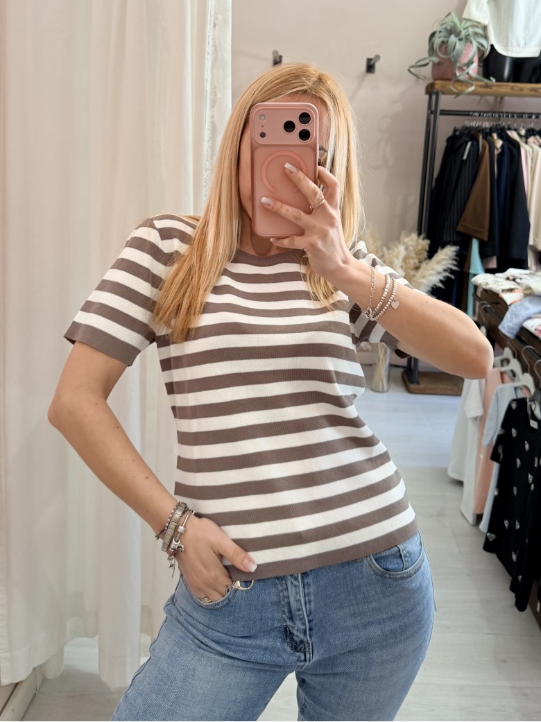 Maglia lisa a righe taupe
