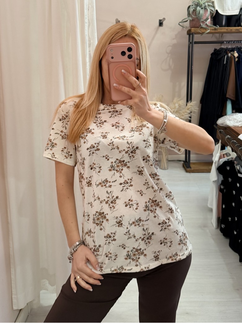 Maglia t shirt fiorellini beige marroni