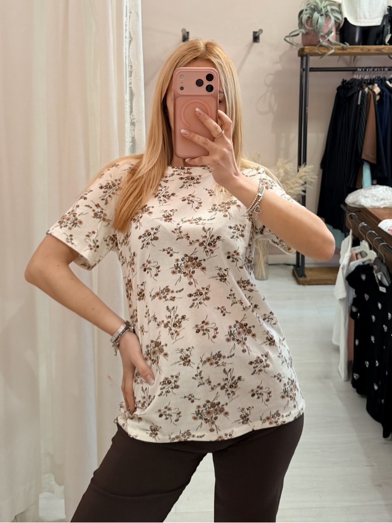 Maglia t shirt fiorellini beige marroni