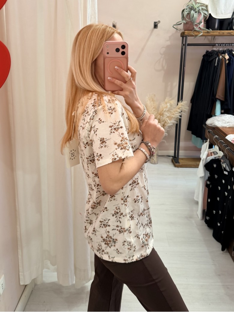 Maglia t shirt fiorellini beige marroni