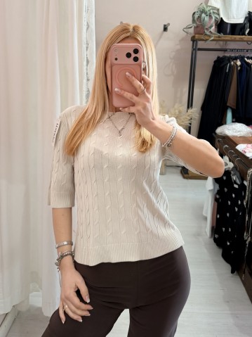 Maglia trecce mezze maniche beige