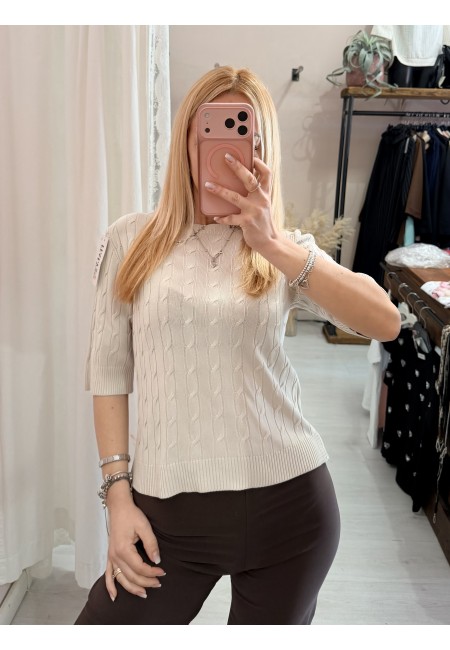 Maglia trecce mezze maniche beige