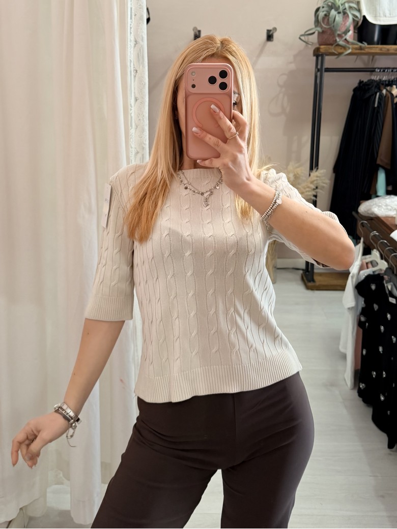 Maglia trecce mezze maniche beige