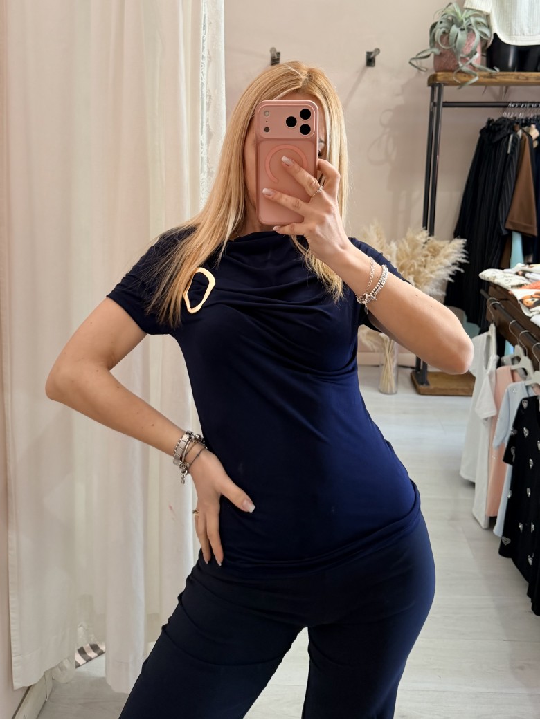 Maglia scollo morbido inserto gold blu