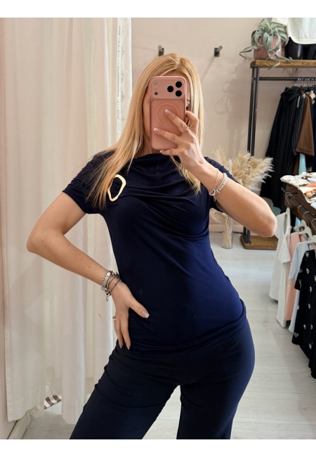 Maglia scollo morbido inserto gold blu