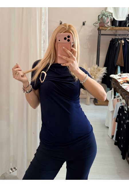 Maglia scollo morbido inserto gold blu