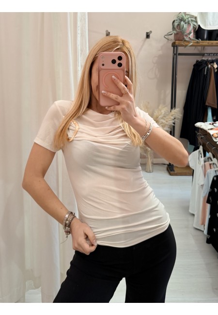 Maglia scollo morbido inserto gold beige