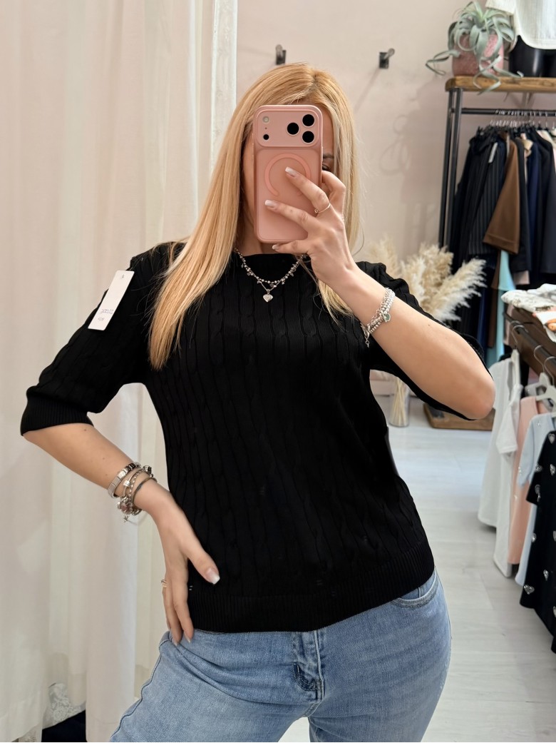 Maglia trecce mezze maniche nera