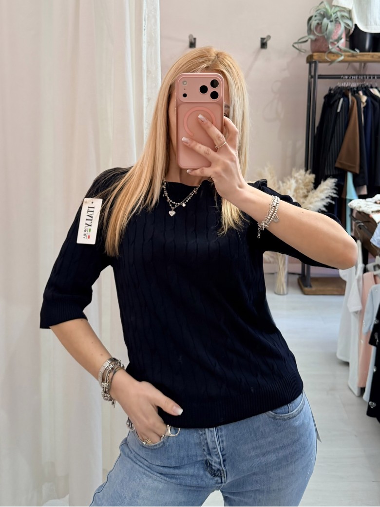 Maglia trecce mezze maniche blu