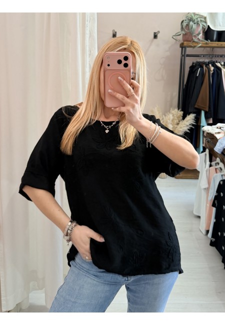 Maglia blusa fiori ricamati nera