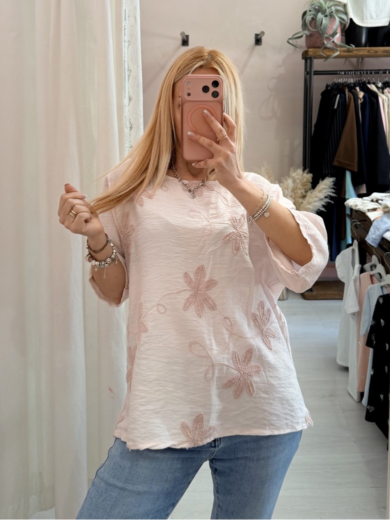 Maglia blusa fiori ricamati rosa