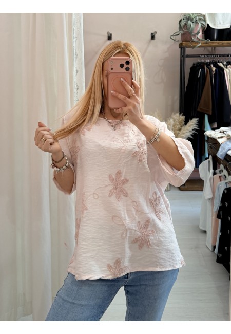 Maglia blusa fiori ricamati rosa