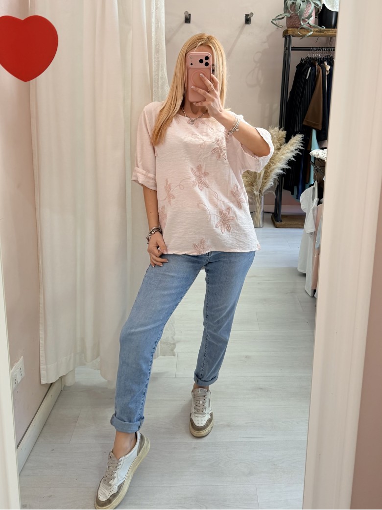 Maglia blusa fiori ricamati rosa