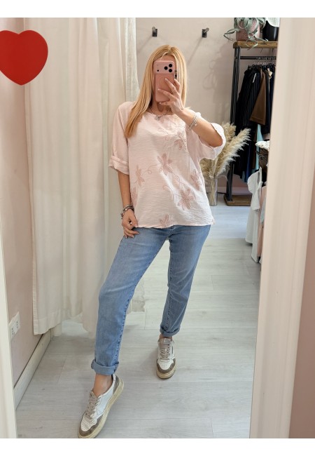 Maglia blusa fiori ricamati rosa