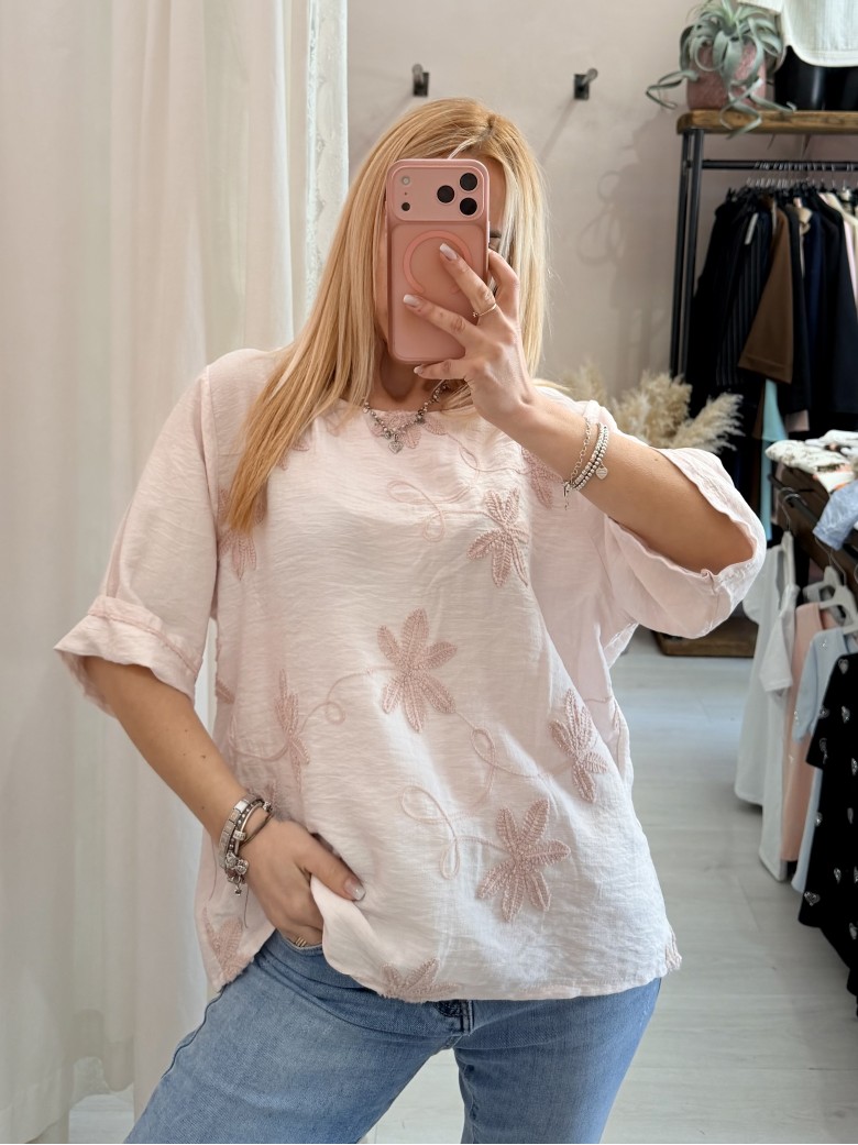 Maglia blusa fiori ricamati rosa