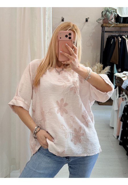Maglia blusa fiori ricamati rosa