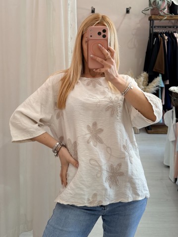 Maglia blusa fiori ricamati beige 2