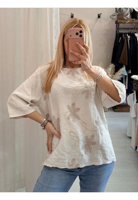 Maglia blusa fiori ricamati beige
