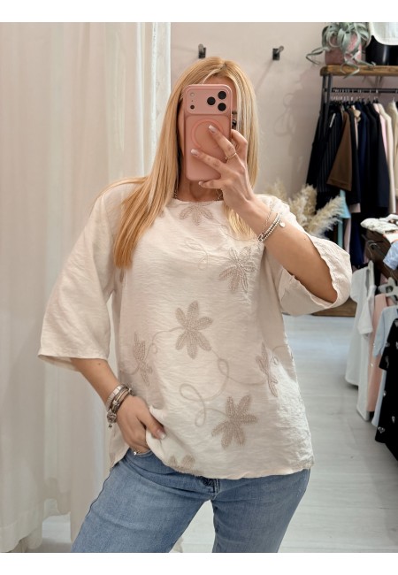 Maglia blusa fiori ricamati beige