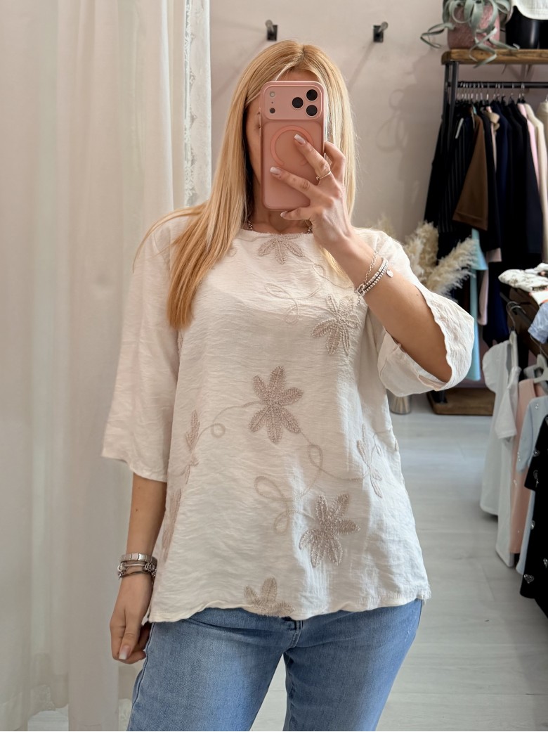 Maglia blusa fiori ricamati beige
