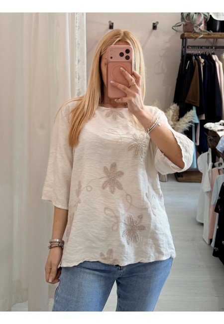 Maglia blusa fiori ricamati beige