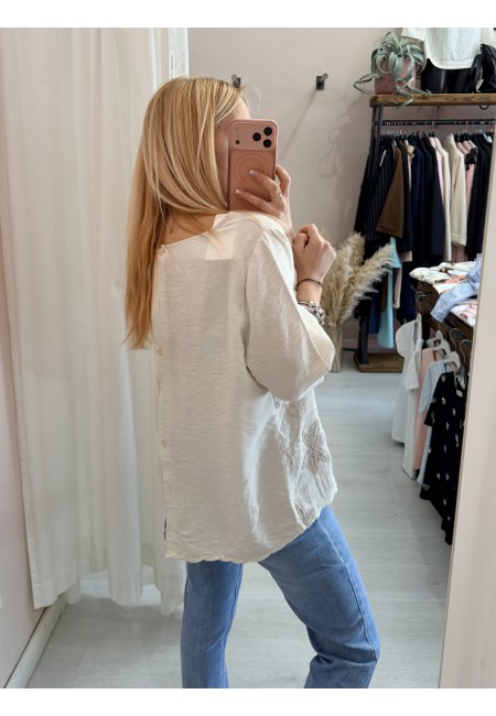 Maglia blusa fiori ricamati beige