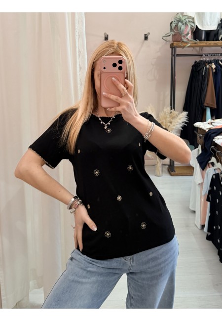 Maglia t shirt nera fiorellini ricamati beige