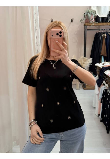 Maglia t shirt nera fiorellini ricamati beige