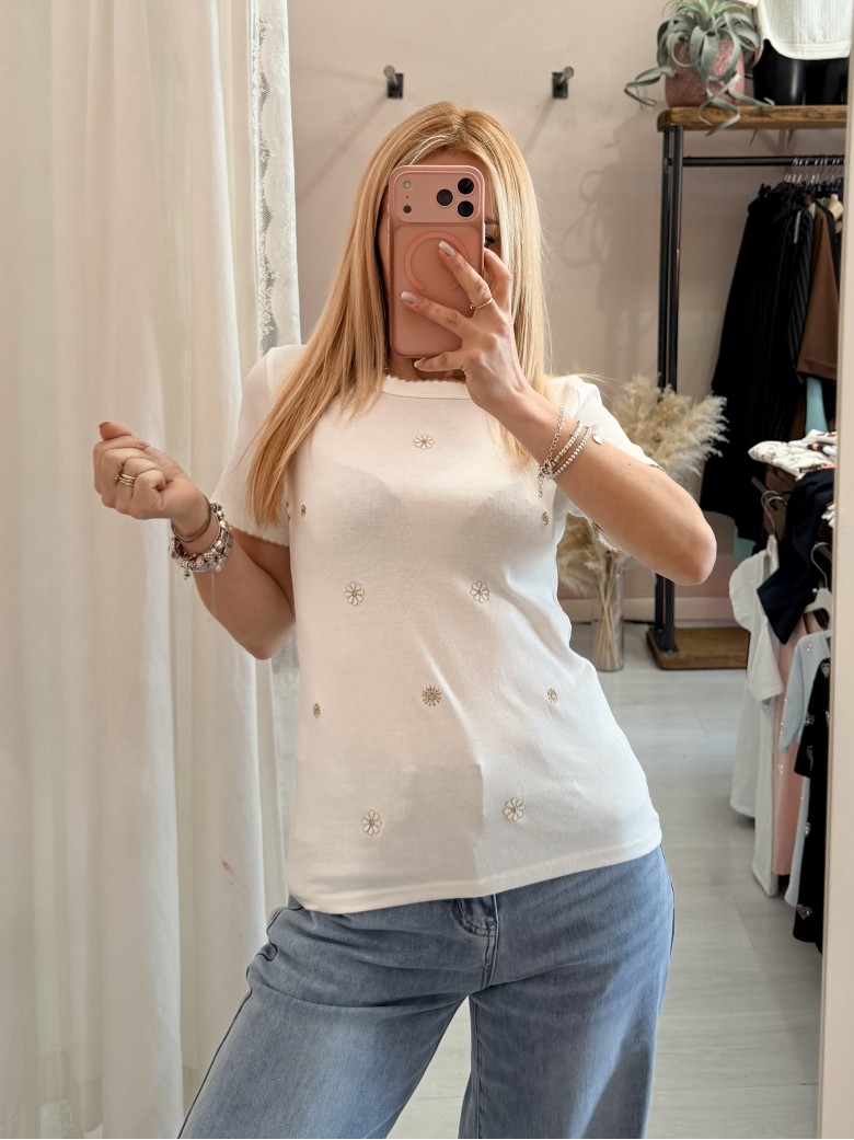 Maglia t shirt bianca fiorellini ricamati beige