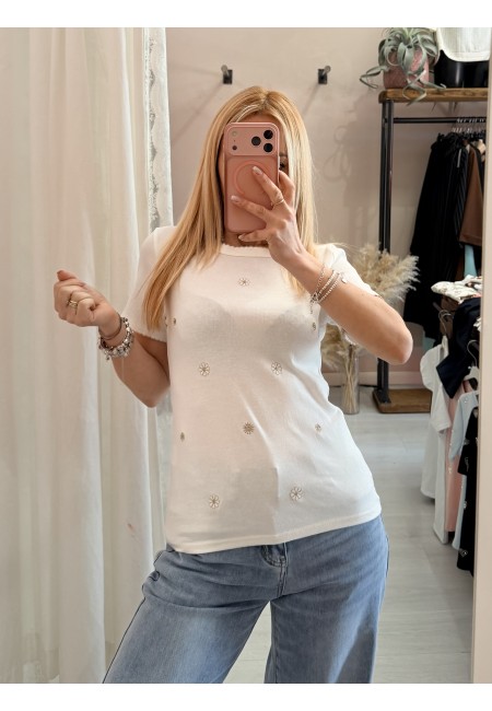 Maglia t shirt bianca fiorellini ricamati beige
