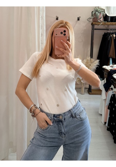 Maglia t shirt bianca fiorellini ricamati beige