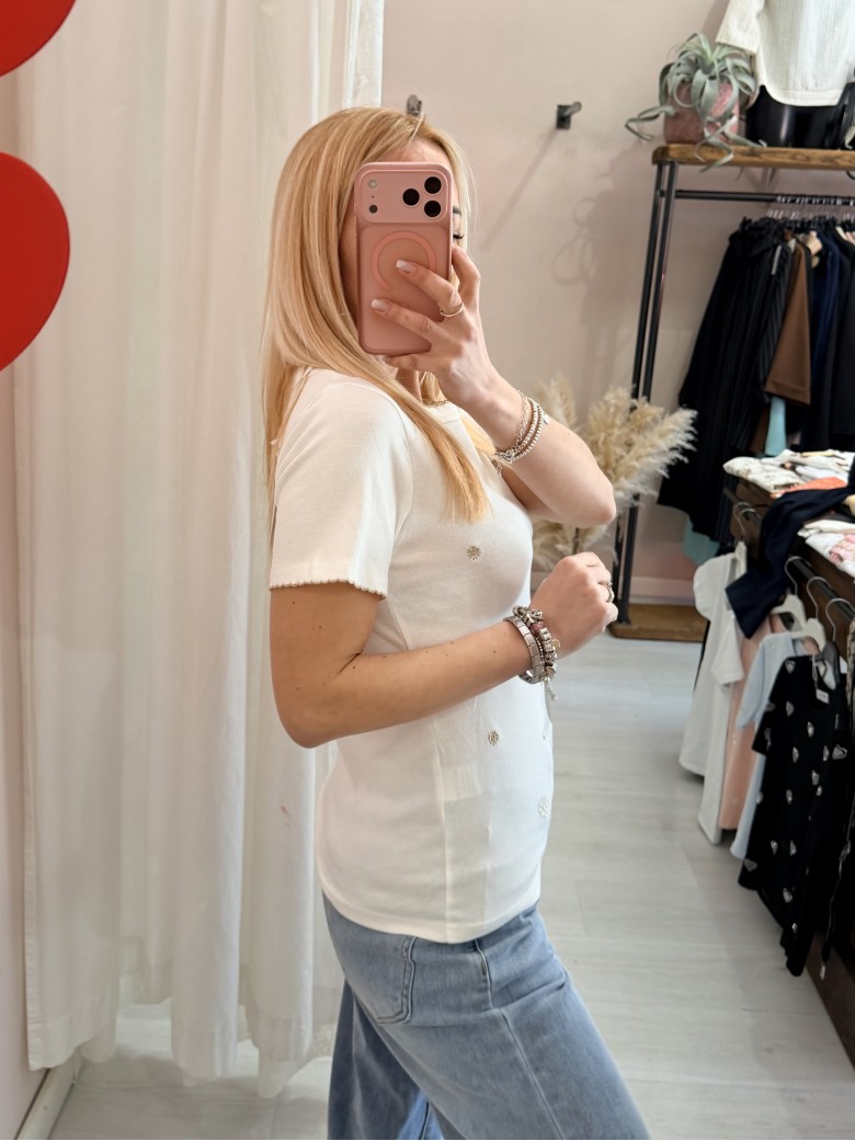 Maglia t shirt bianca fiorellini ricamati beige