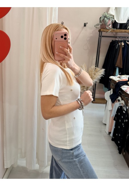 Maglia t shirt bianca fiorellini ricamati beige
