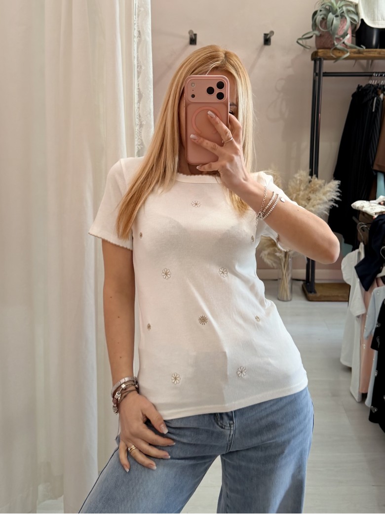 Maglia t shirt bianca fiorellini ricamati beige