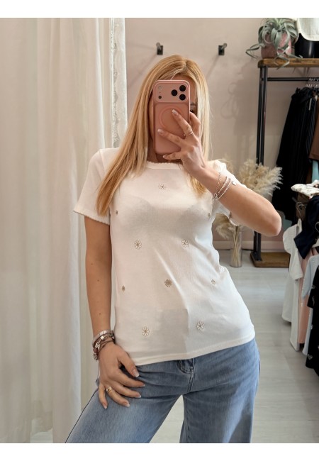 Maglia t shirt bianca fiorellini ricamati beige