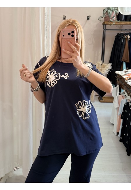 Maglia t shirt blu fiori ricamati