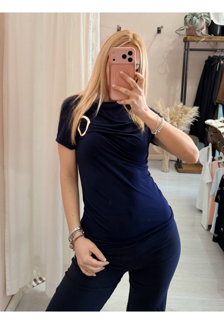 Maglia scollo morbido inserto gold blu