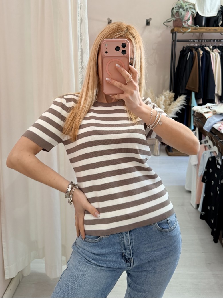Maglia lisa a righe taupe