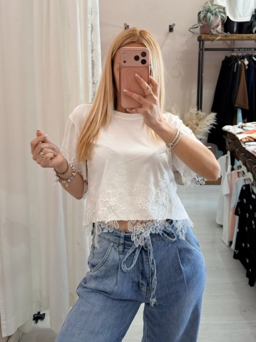 Maglia t shirt corta con pizzo bianca 2