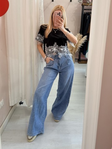 Maglia t shirt corta con pizzo nera 2