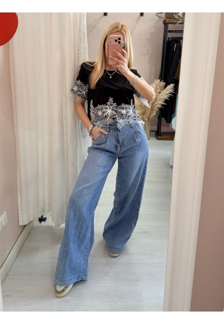 Maglia t shirt corta con pizzo nera