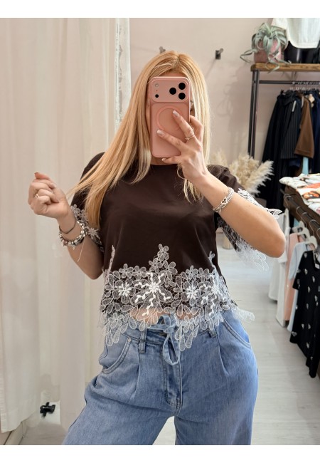 Maglia t shirt corta con pizzo marrone