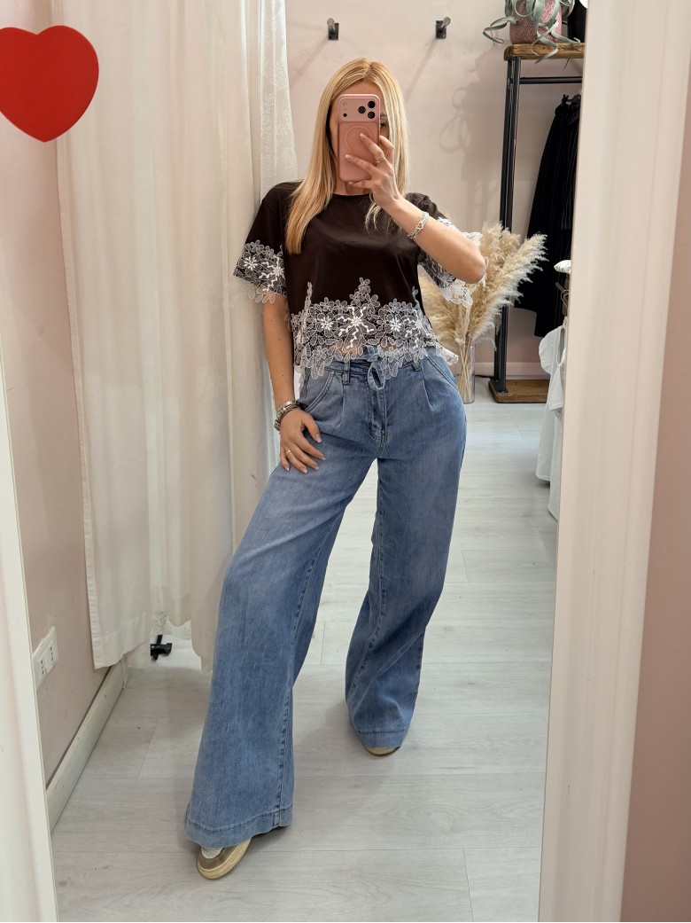 Maglia t shirt corta con pizzo marrone