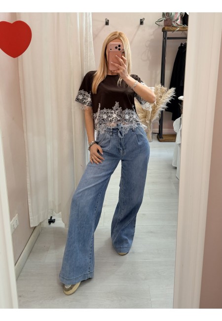 Maglia t shirt corta con pizzo marrone