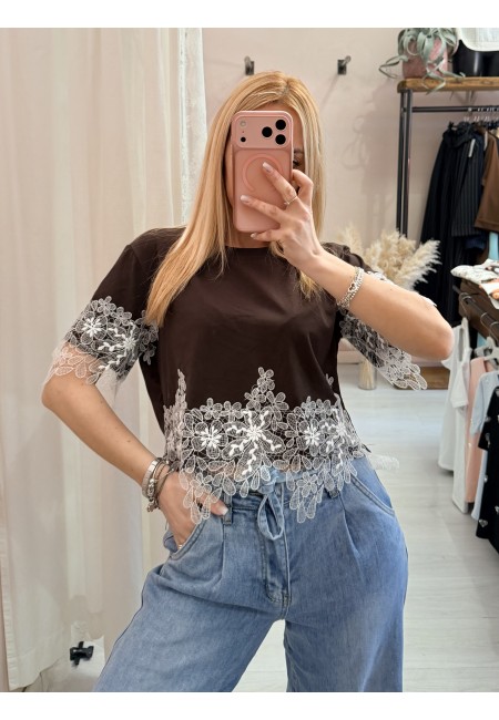 Maglia t shirt corta con pizzo marrone