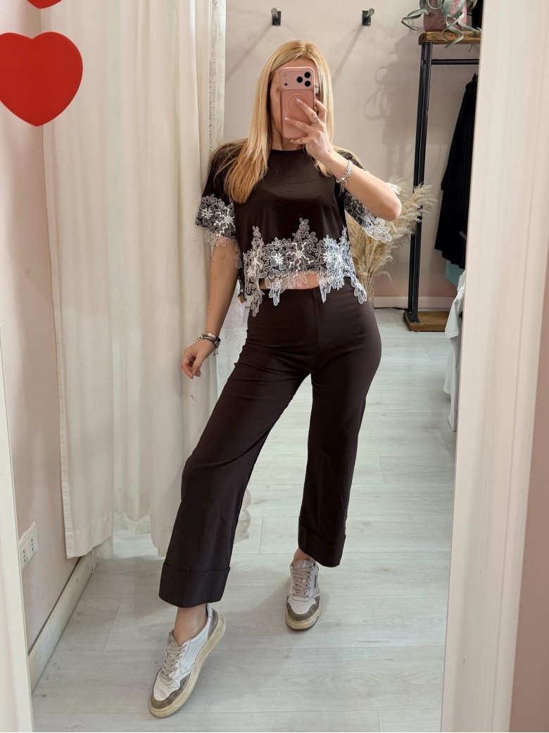 Maglia t shirt corta con pizzo marrone
