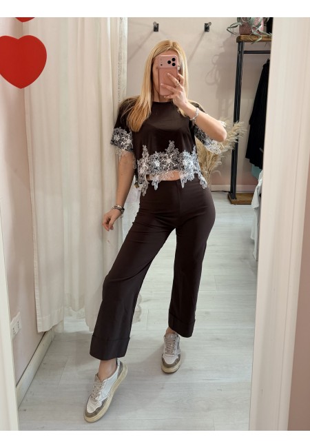 Maglia t shirt corta con pizzo marrone