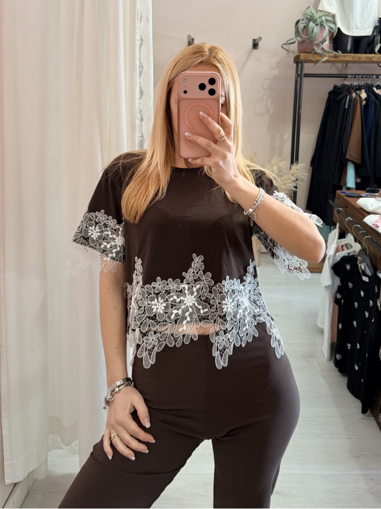 Maglia t shirt corta con pizzo marrone